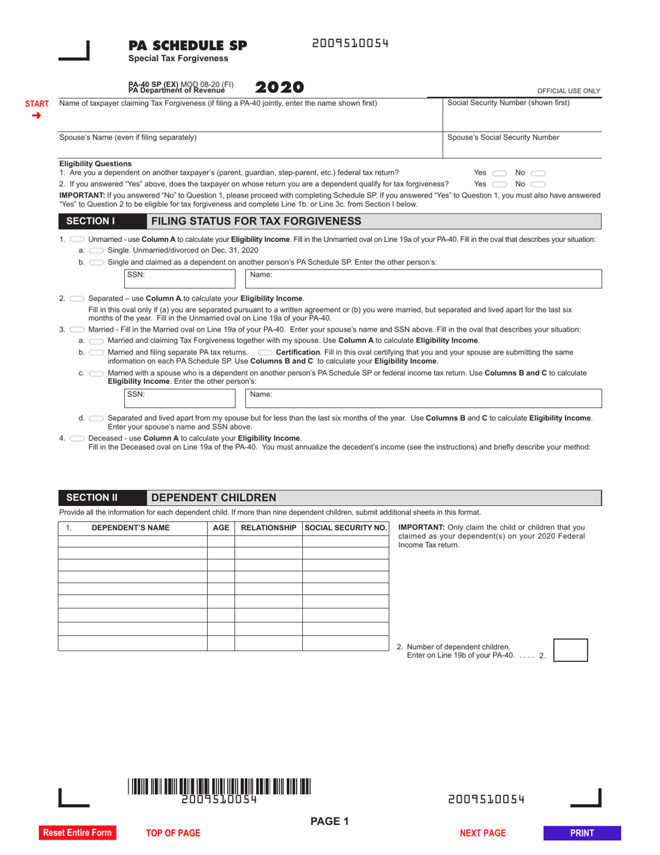 Form PA-40 Schedule SP Download Fillable PDF or Fill Online Special Tax Forgiveness - 2020