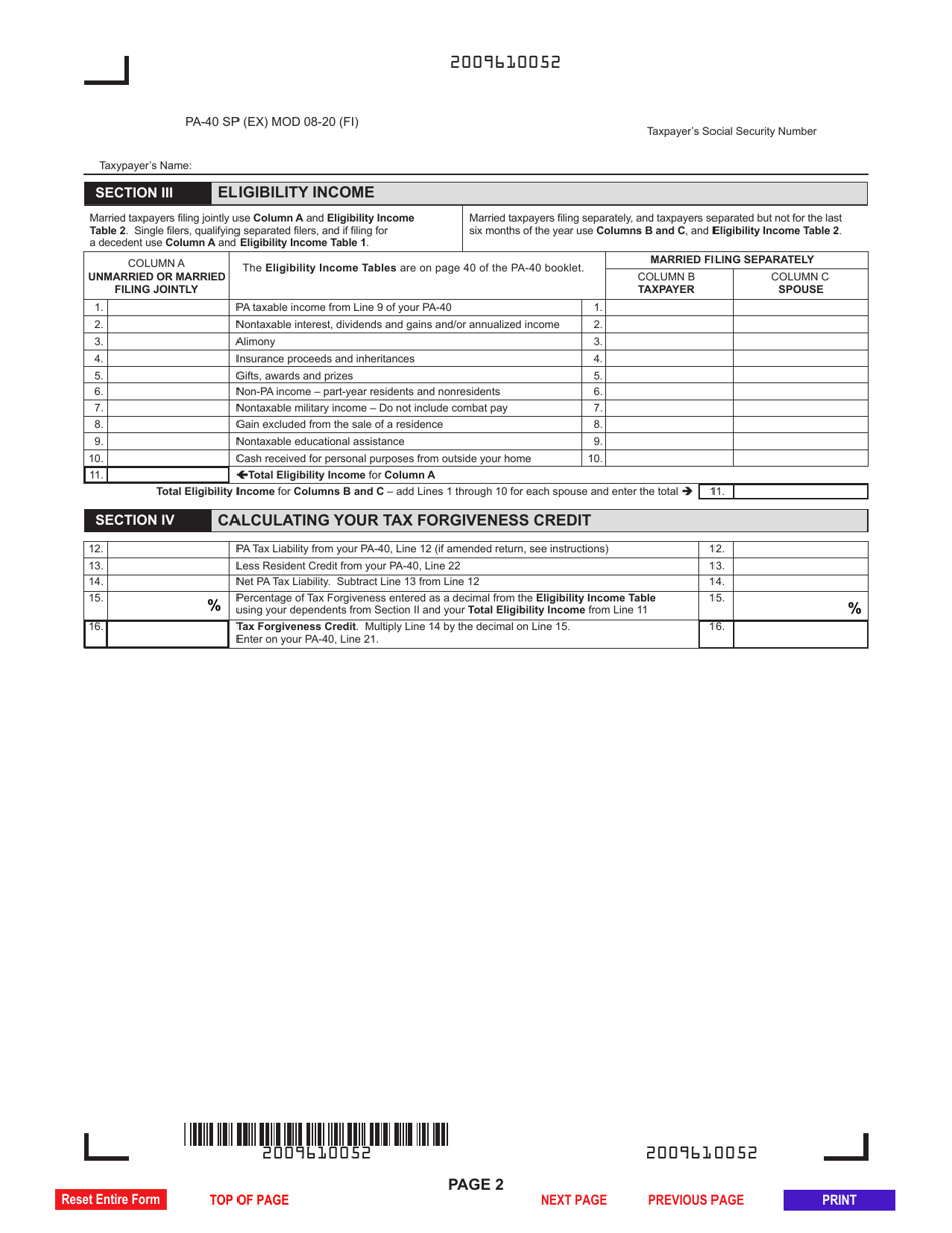 Form PA-40 Schedule SP Download Fillable PDF or Fill Online Special Tax