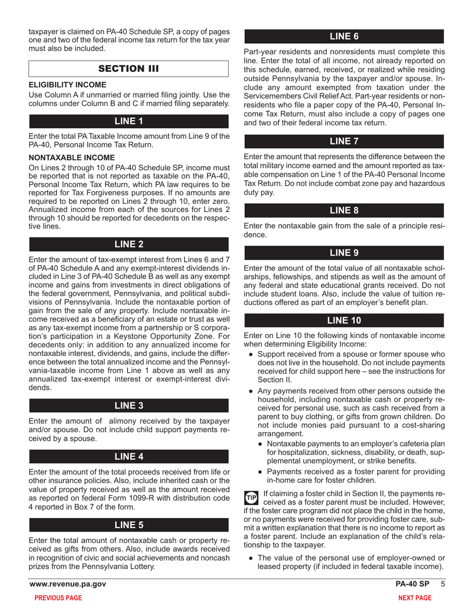 Form PA-40 Schedule SP Special Tax Forgiveness - Pennsylvania, Page 7