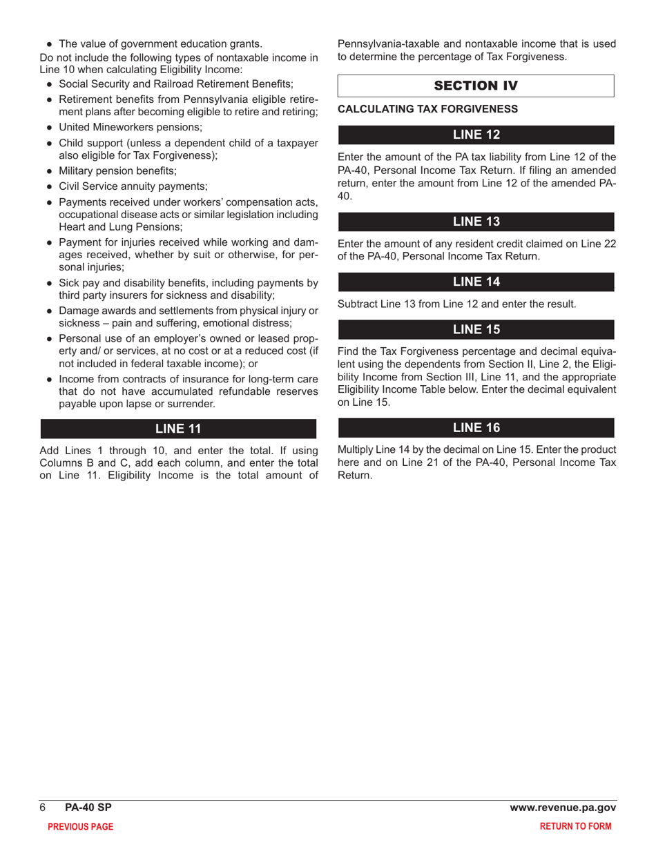 Form PA-40 Schedule SP Special Tax Forgiveness - Pennsylvania, Page 8