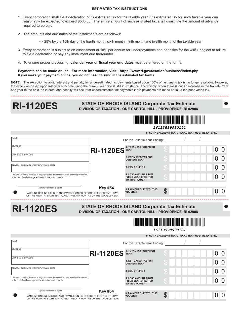 Form RI-1120ES Corporate Tax Estimate - Rhode Island, Page 1