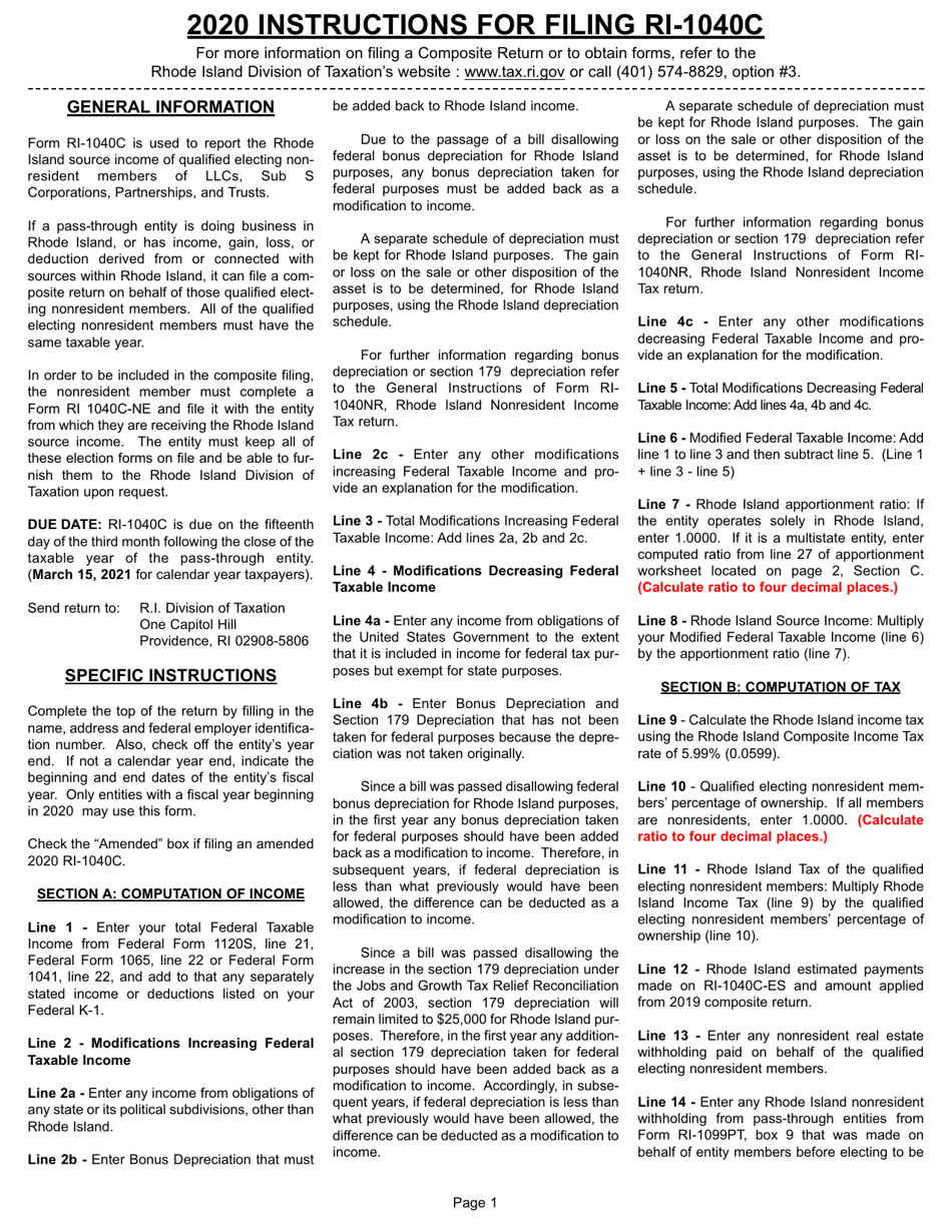 Instructions for Form RI-1040C Composite Income Tax Return - Rhode Island, Page 1