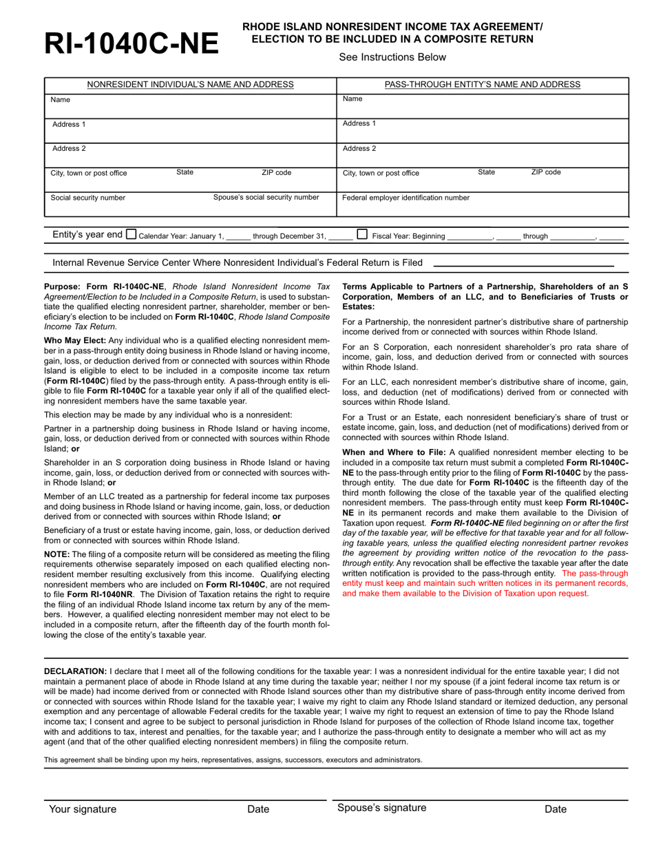 Form RI-1040C-NE Rhode Island Nonresident Income Tax Agreement / Election to Be Included in a Composite Return - Rhode Island, Page 1
