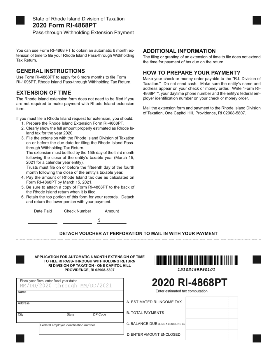 Form RI-4868PT Application for Automatic 6 Month Extension of Time to File Ri Pass-Through Withholding Return - Rhode Island, Page 1