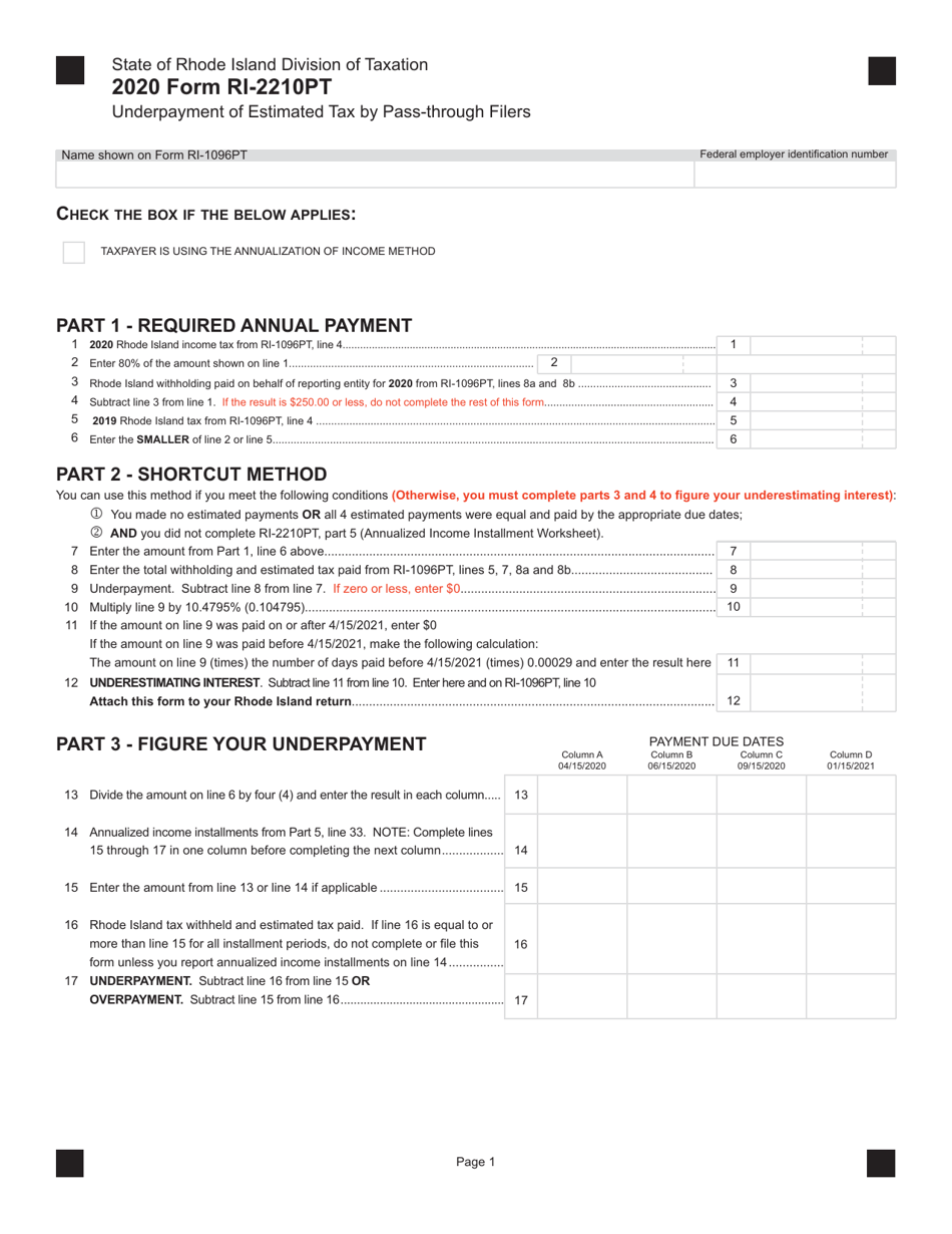 Form RI-2210PT Underpayment of Estimated Tax by Pass-Through Filers - Rhode Island, Page 1