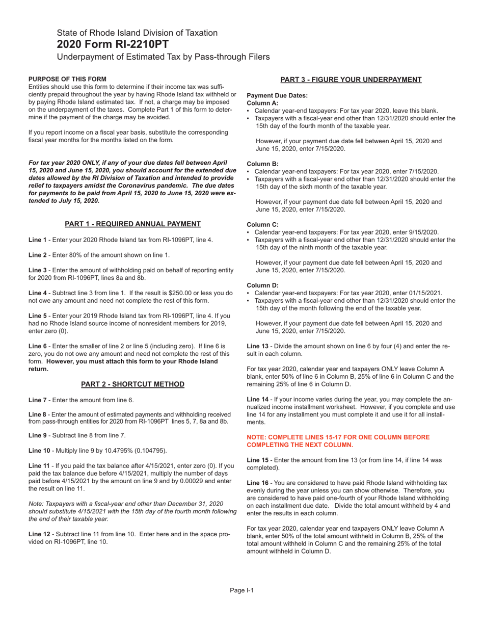 Form RI-2210PT Underpayment of Estimated Tax by Pass-Through Filers - Rhode Island, Page 3