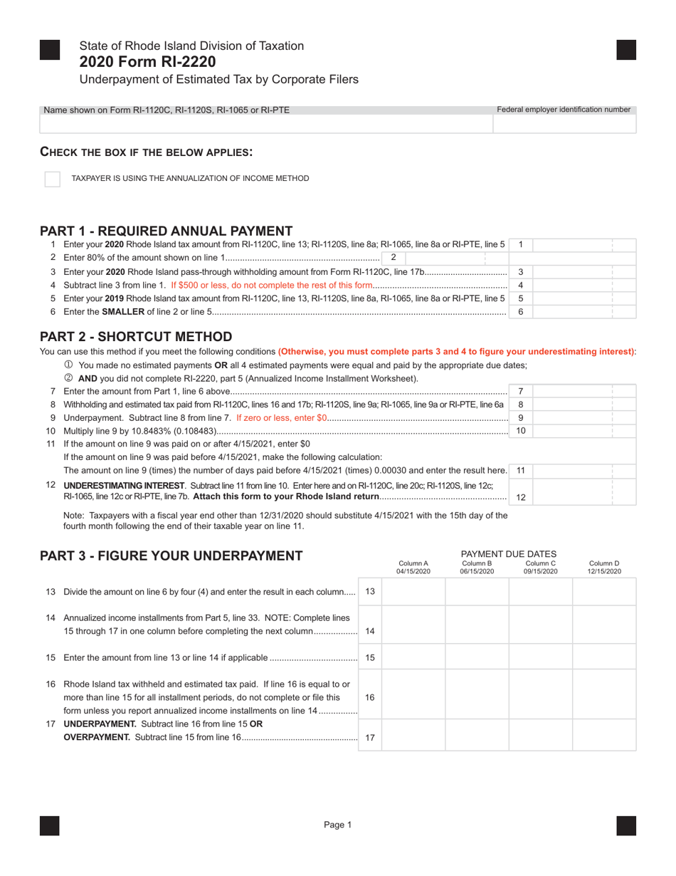 Form RI2220 Download Printable PDF or Fill Online Underpayment of