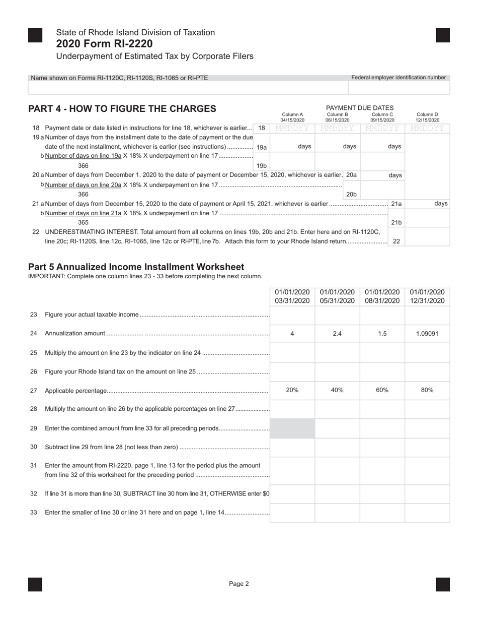Form RI-2220 Underpayment of Estimated Tax by Corporate Filers - Rhode Island, Page 2