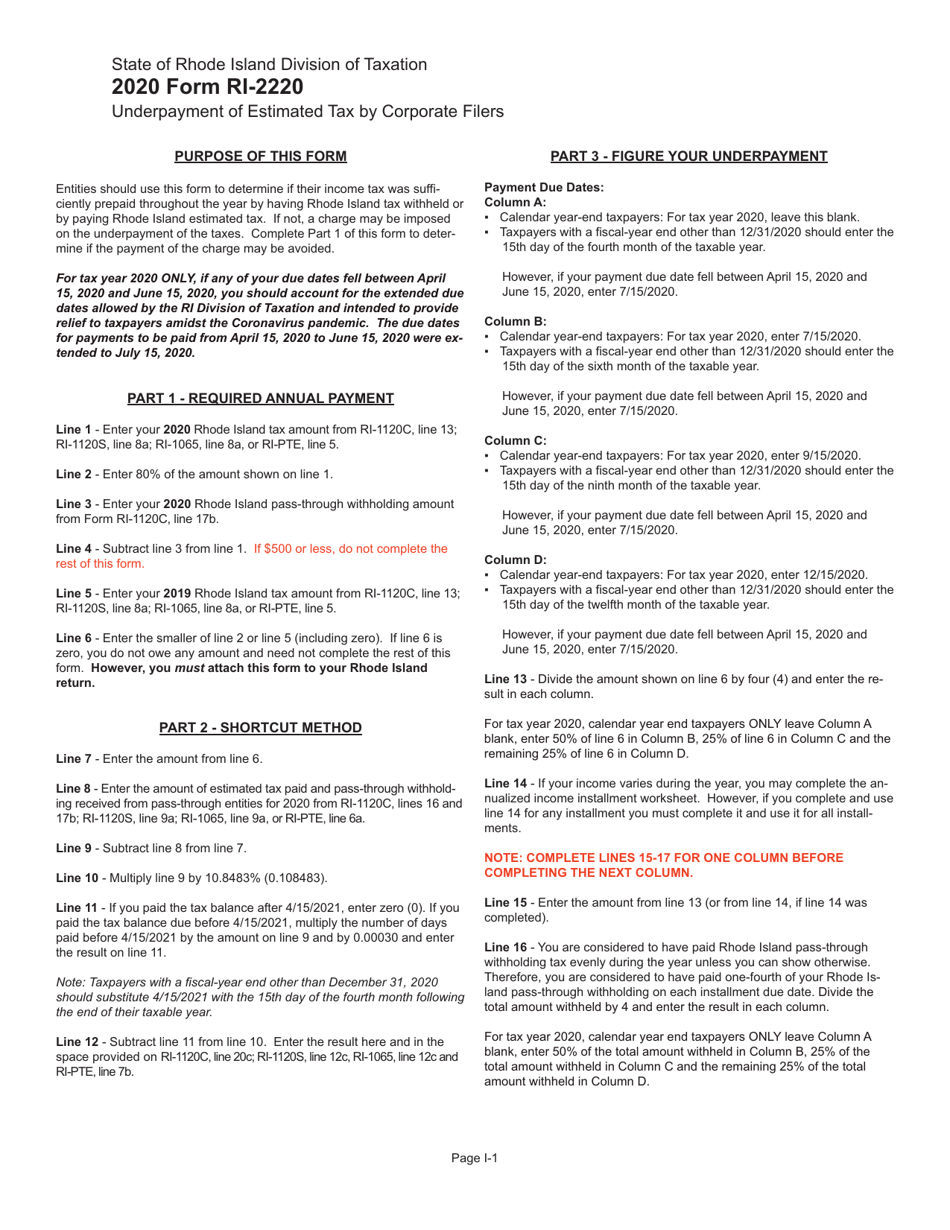 Form RI-2220 Underpayment of Estimated Tax by Corporate Filers - Rhode Island, Page 3