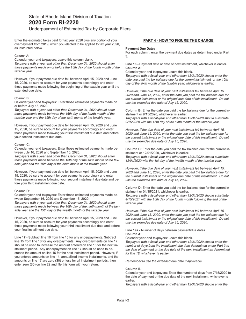 Form RI-2220 Underpayment of Estimated Tax by Corporate Filers - Rhode Island, Page 4
