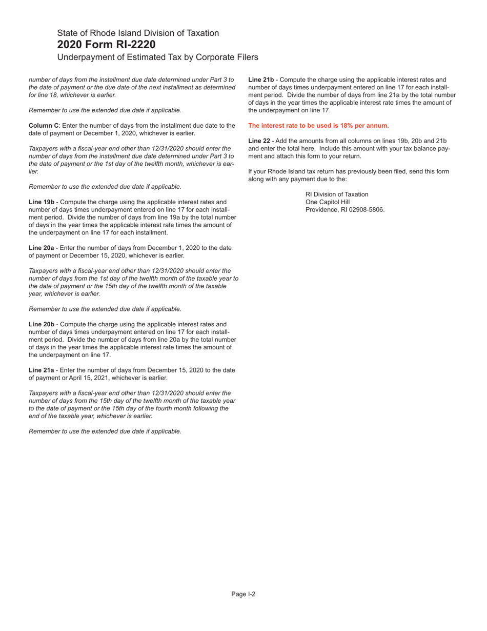 Form RI-2220 Underpayment of Estimated Tax by Corporate Filers - Rhode Island, Page 5