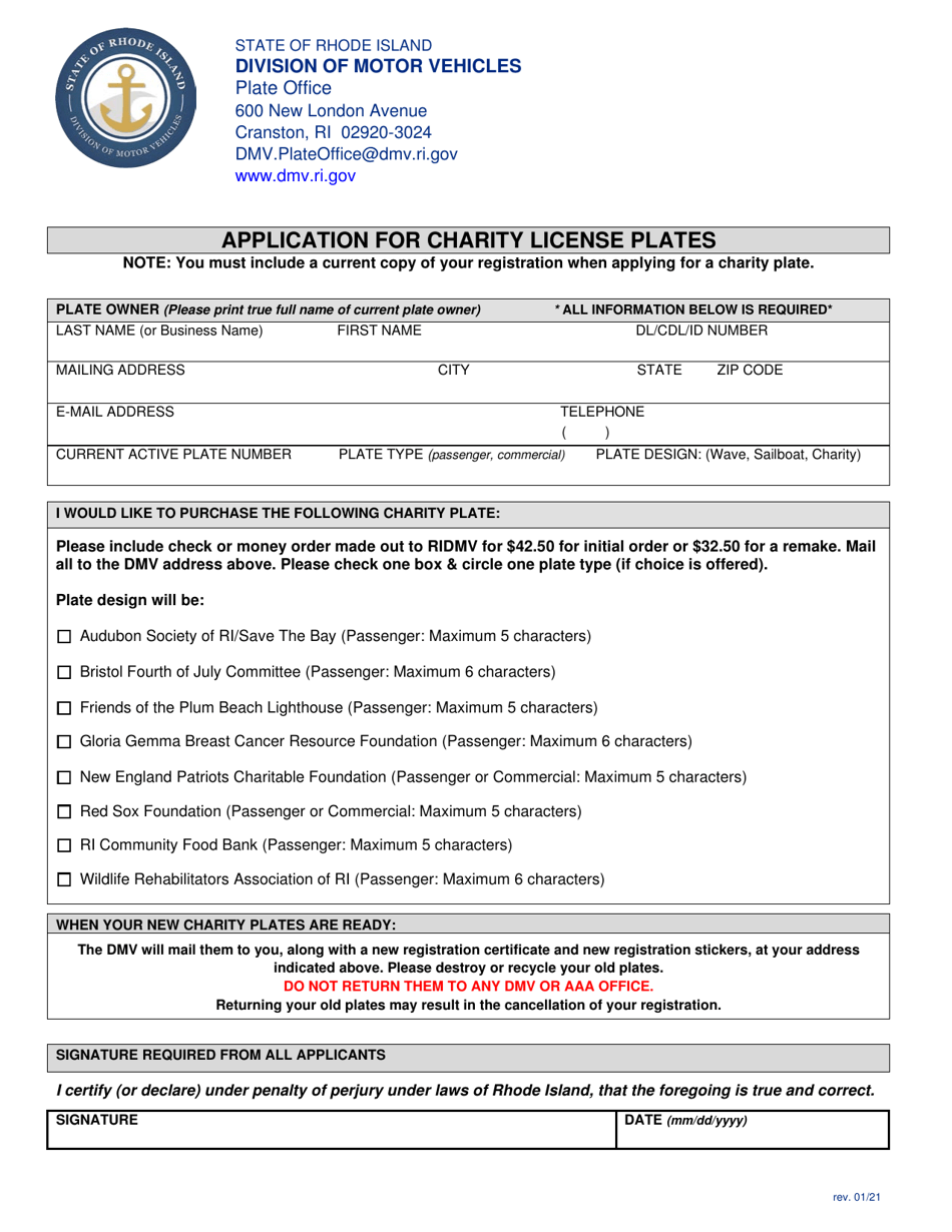 Application for Charity License Plates - Rhode Island, Page 1