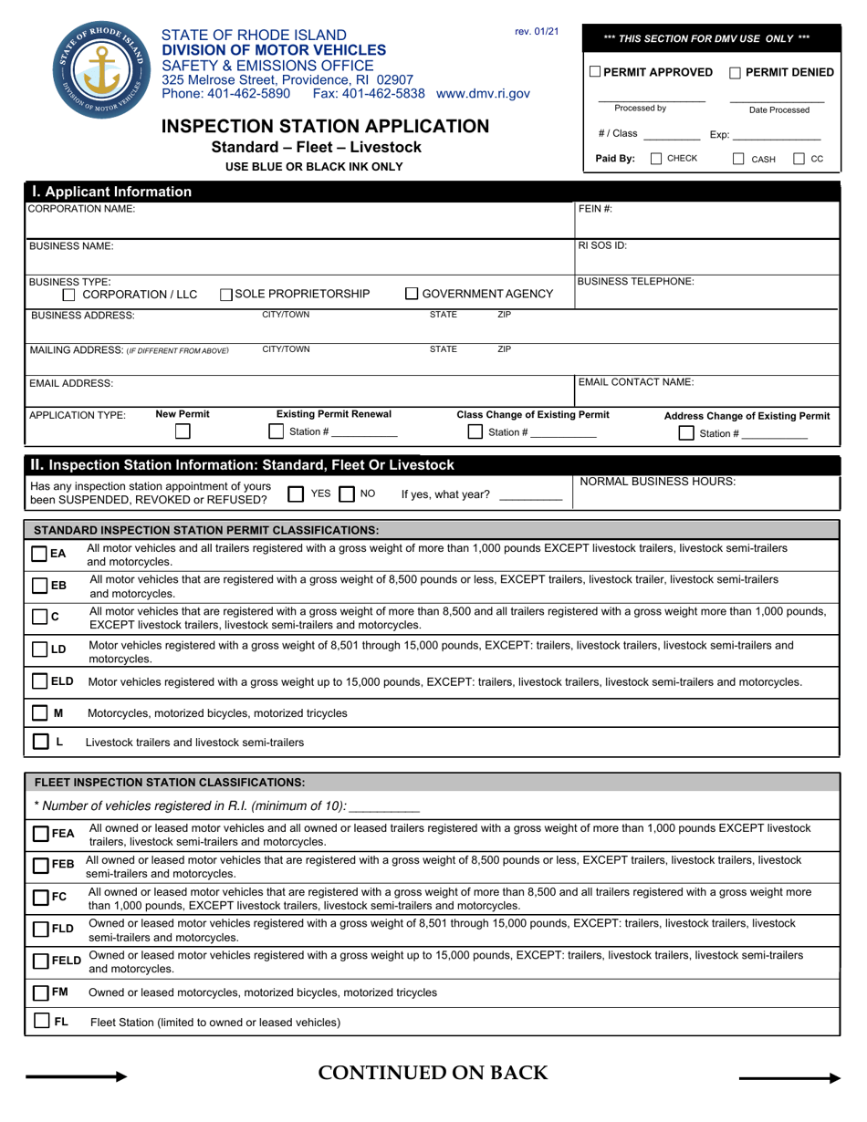 Inspection Station Application - Rhode Island, Page 1