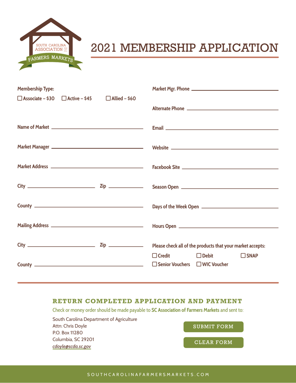 South Carolina Association of Farmers Markets Membership Application - South Carolina, Page 1