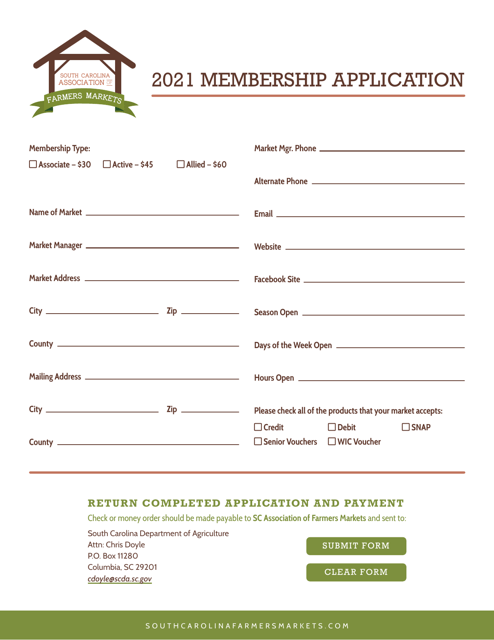 South Carolina Association of Farmers Markets Membership Application - South Carolina Download Pdf