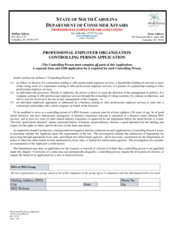SCDCA Form PEO-03 Professional Employer Organization Controlling Person Application - South Carolina