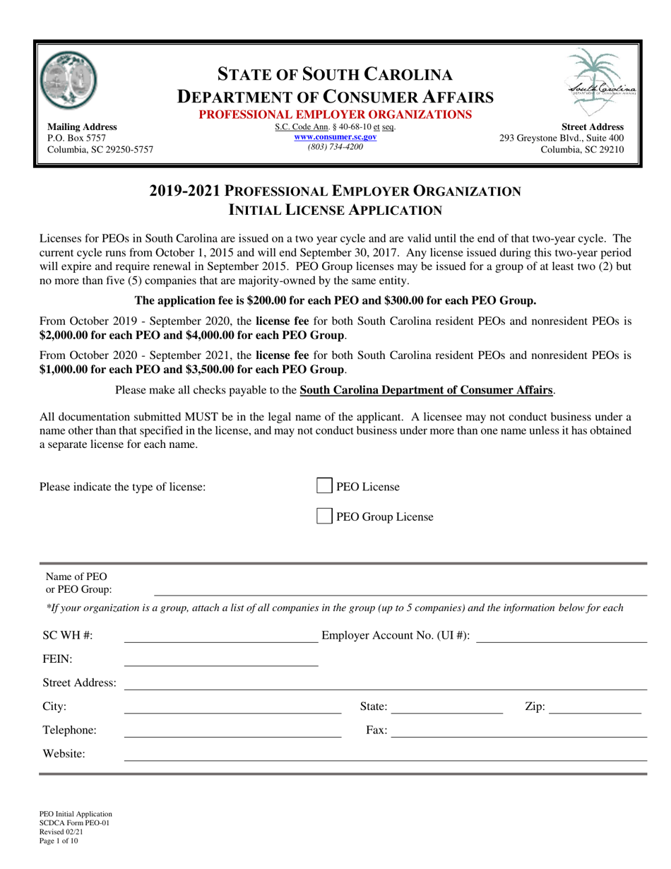 SCDCA Form PEO-01 Professional Employer Organization Initial License Application - South Carolina, Page 1