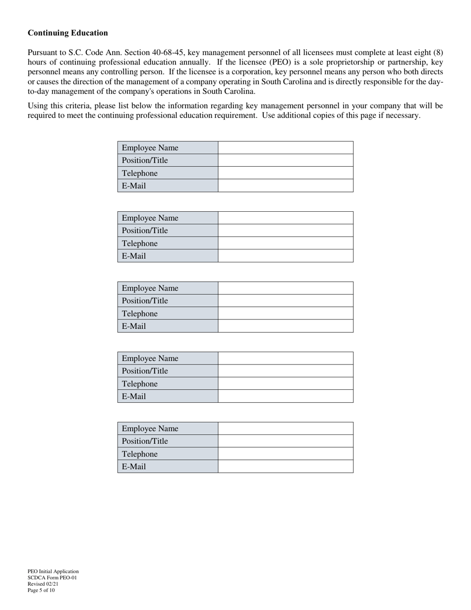 SCDCA Form PEO-01 Professional Employer Organization Initial License Application - South Carolina, Page 5