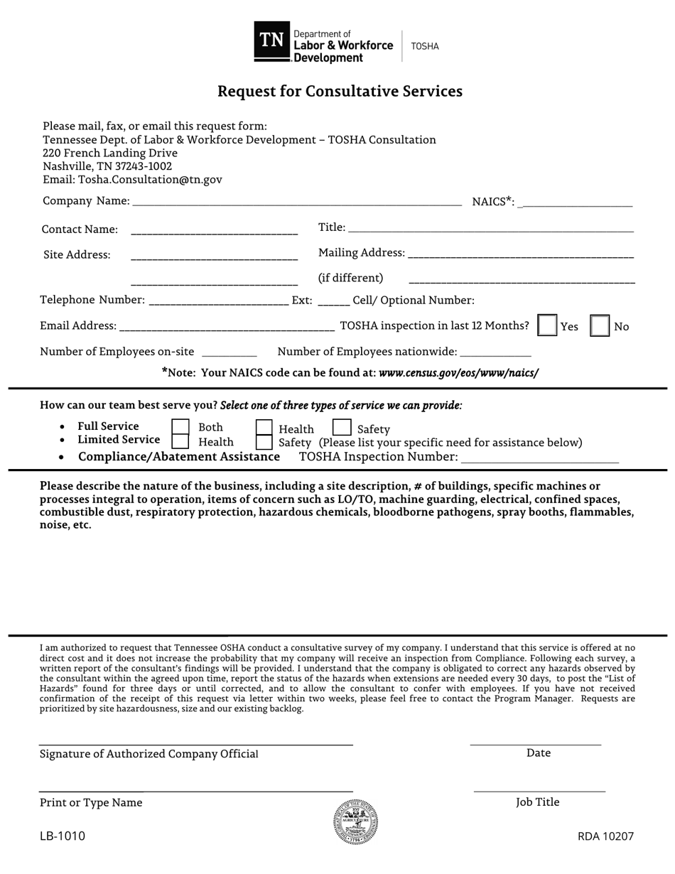 Form LB-1010 Request for Consultative Services - Tennessee, Page 1