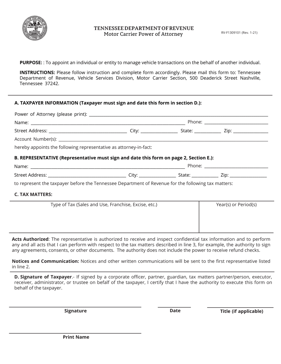 Form RV-F1309101 Motor Carrier Power of Attorney - Tennessee, Page 1