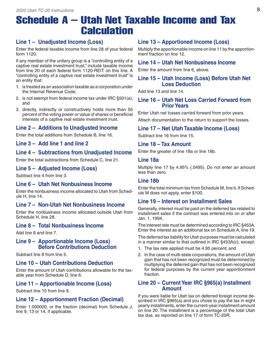 Instructions for Form TC-20 Schedule A, B, C, D, E, H, J, M - Utah, Page 10