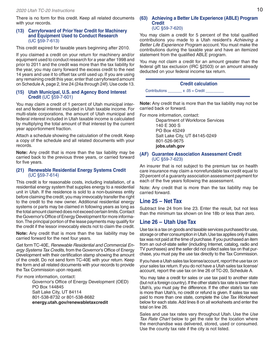 Instructions for Form TC-20 Schedule A, B, C, D, E, H, J, M - Utah, Page 12