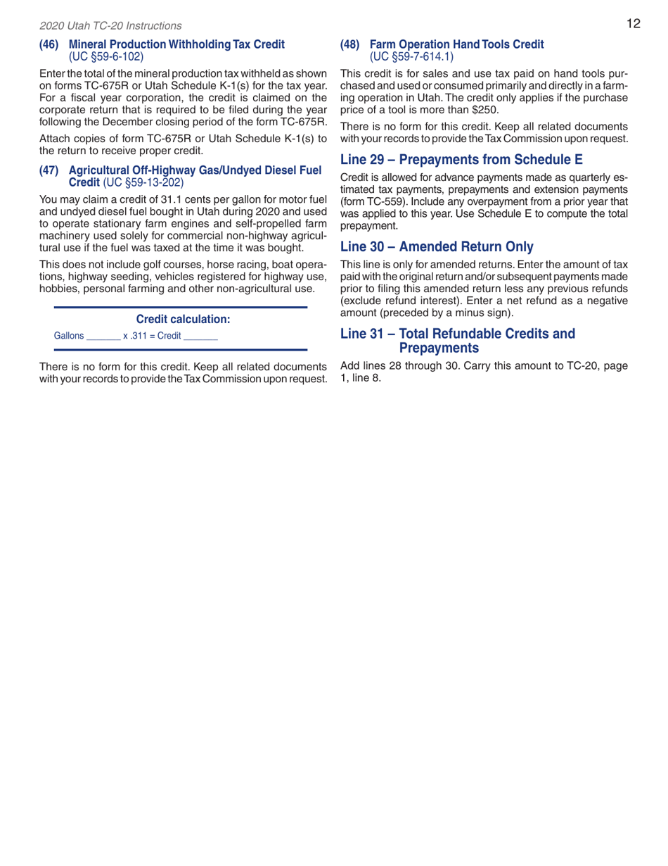 Instructions for Form TC-20 Schedule A, B, C, D, E, H, J, M - Utah, Page 14