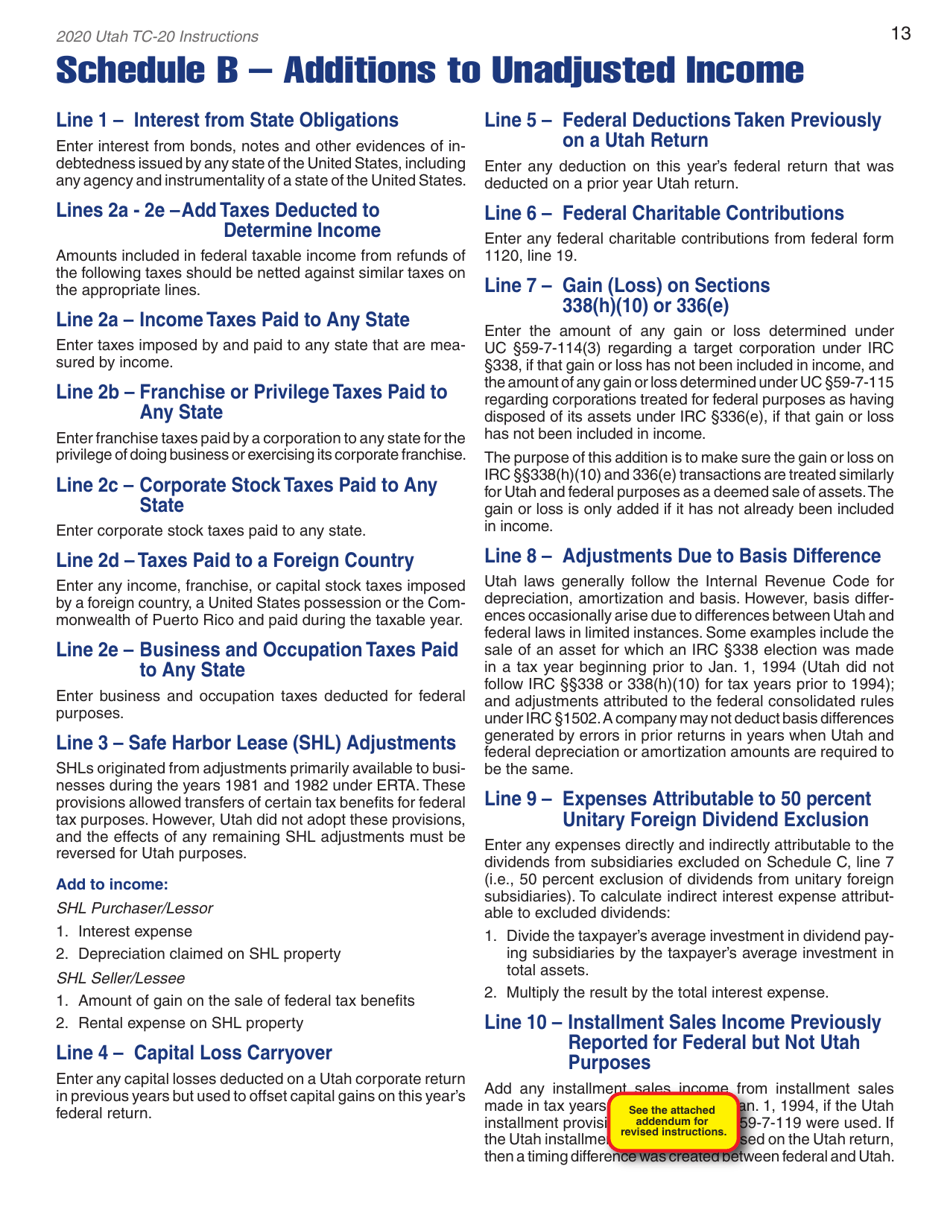 Instructions for Form TC-20 Schedule A, B, C, D, E, H, J, M - Utah, Page 15