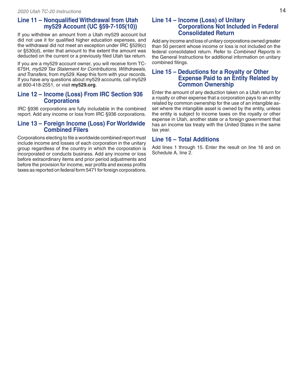Instructions for Form TC-20 Schedule A, B, C, D, E, H, J, M - Utah, Page 16