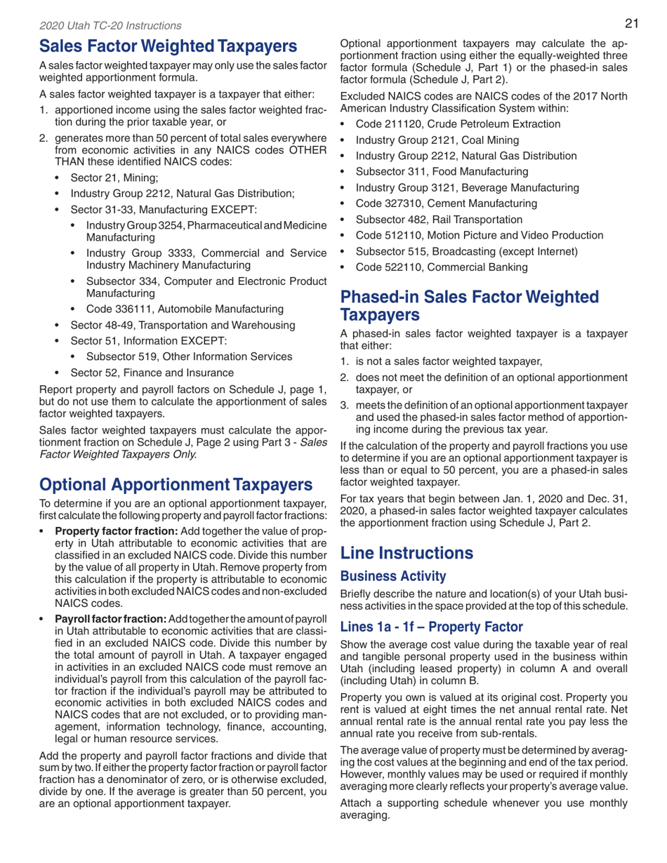 Instructions for Form TC-20 Schedule A, B, C, D, E, H, J, M - Utah, Page 23