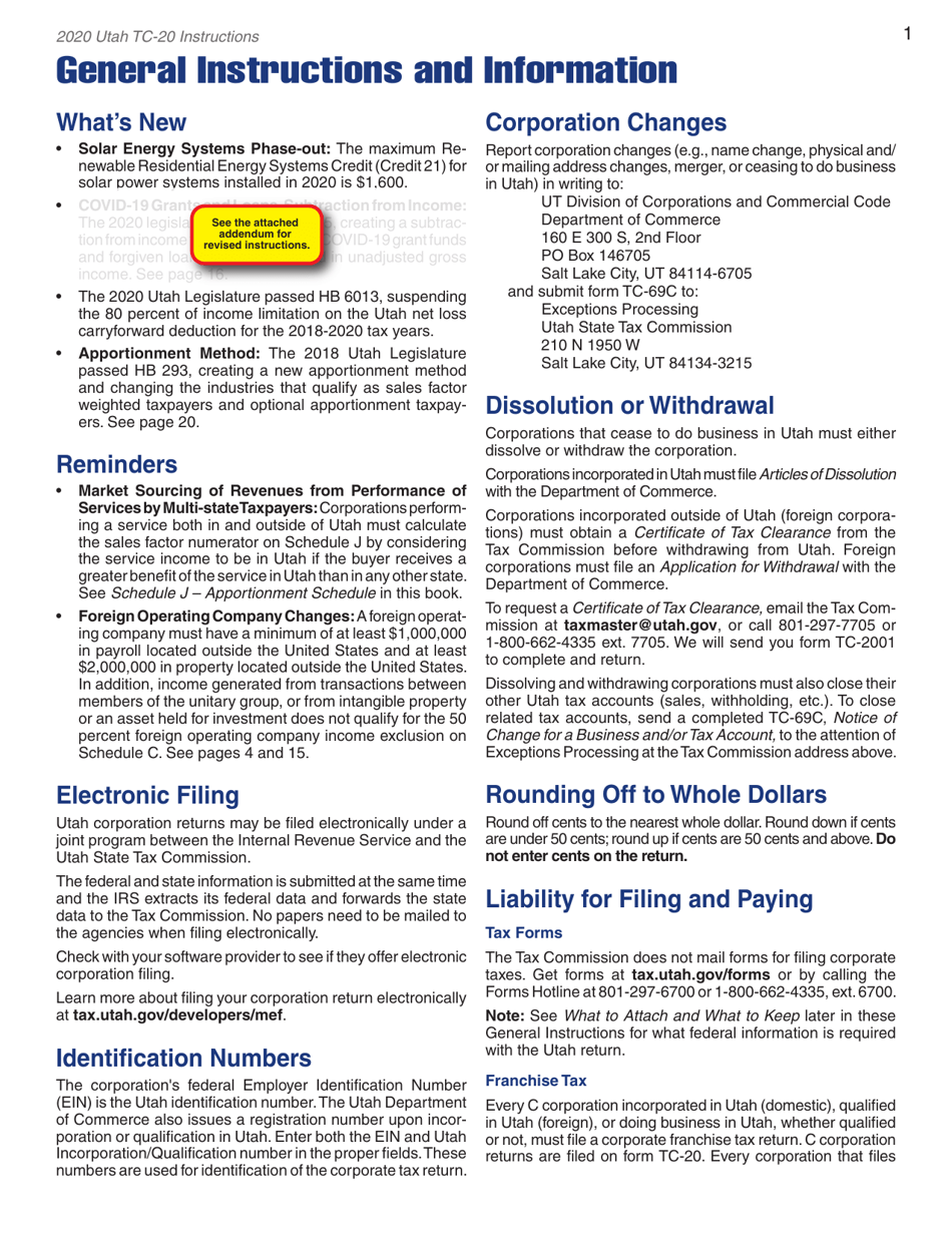 Instructions for Form TC-20 Schedule A, B, C, D, E, H, J, M - Utah, Page 3