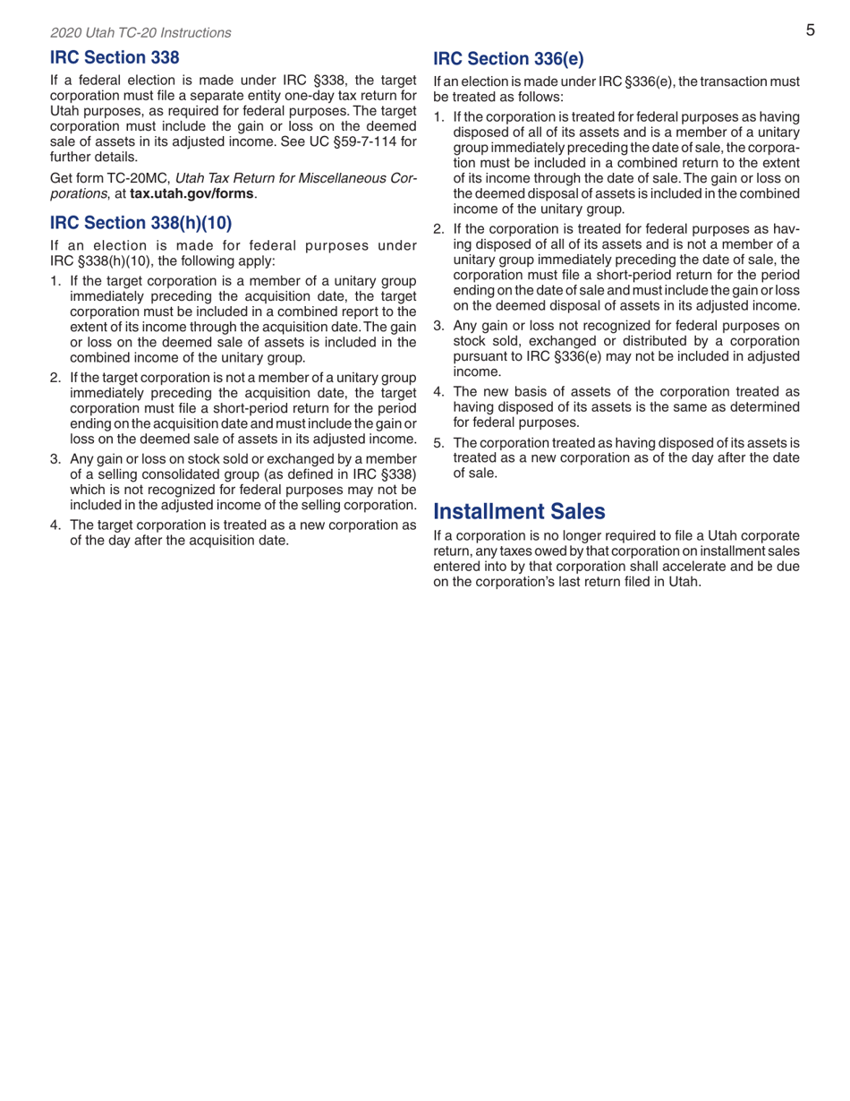 Instructions for Form TC-20 Schedule A, B, C, D, E, H, J, M - Utah, Page 7