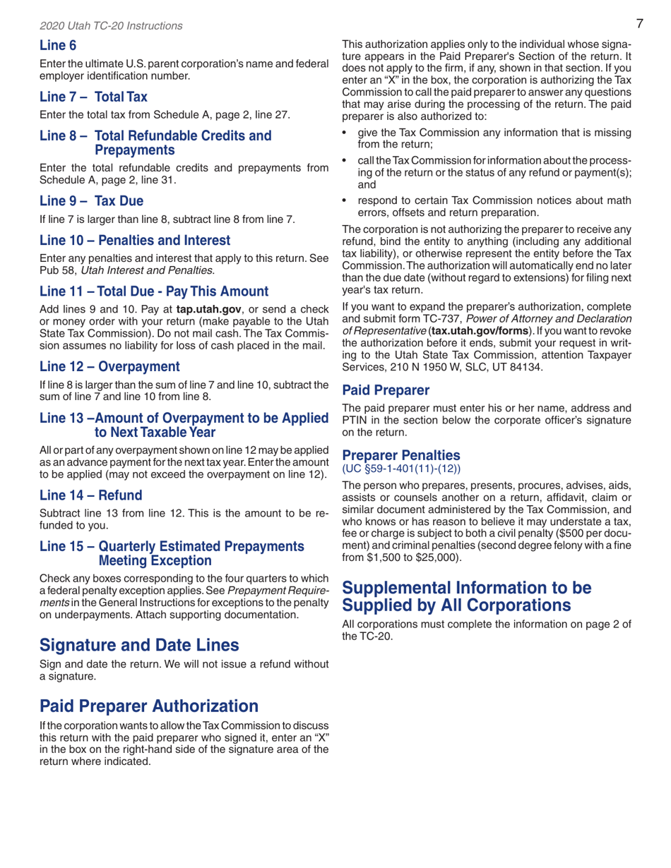 Instructions for Form TC-20 Schedule A, B, C, D, E, H, J, M - Utah, Page 9