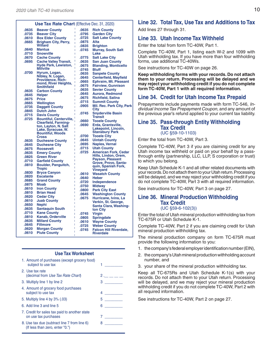 Instructions for Form TC-40 Utah Individual Income Tax Return - Utah, Page 12