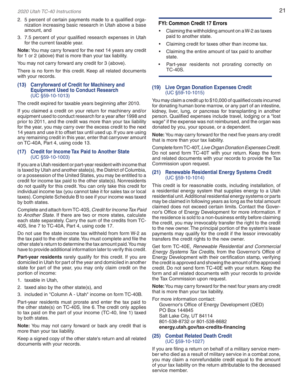 Instructions for Form TC-40 Utah Individual Income Tax Return - Utah, Page 23