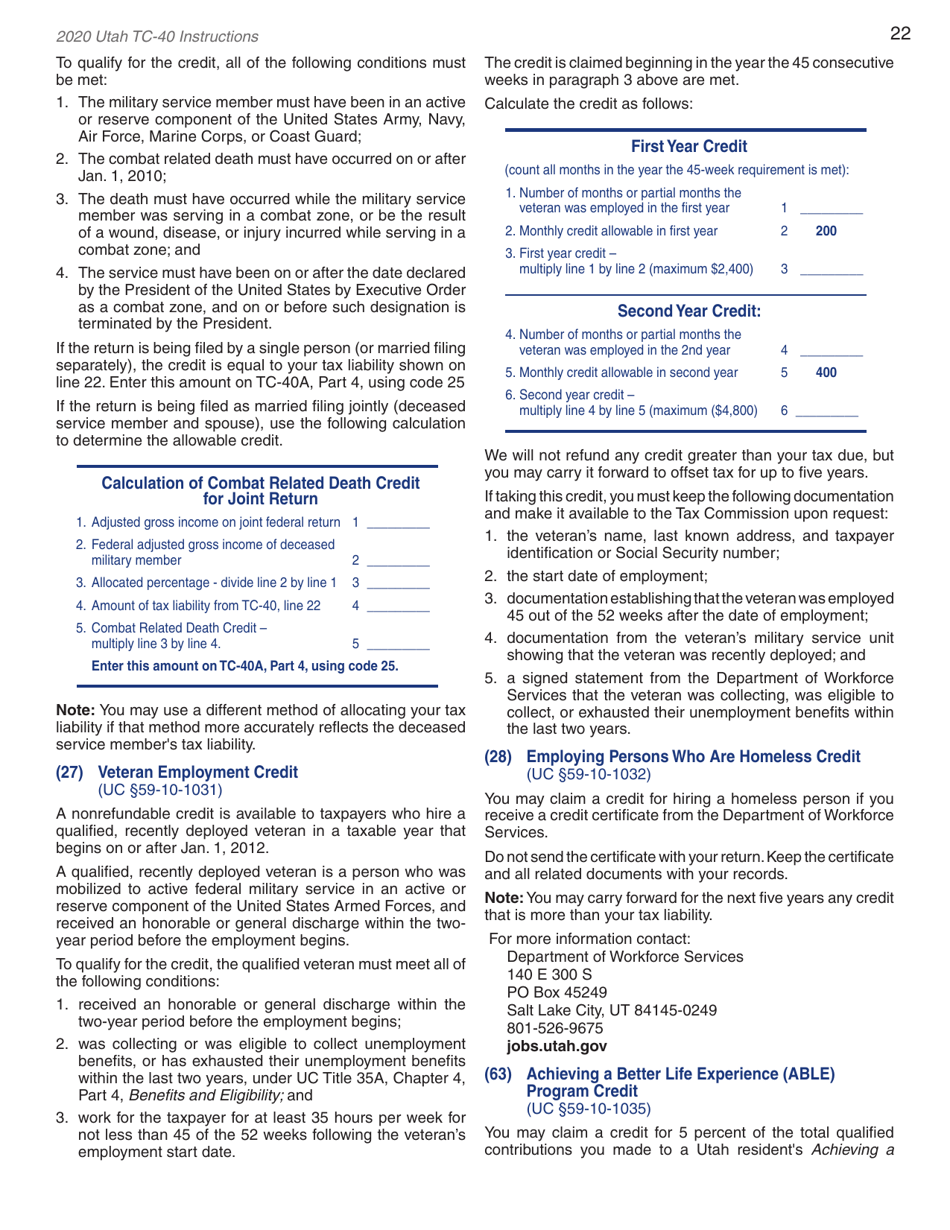 Instructions for Form TC-40 Utah Individual Income Tax Return - Utah, Page 24