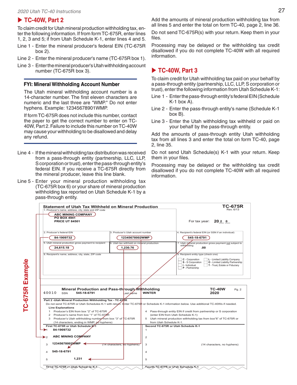 Download Instructions For Form Tc 40 Utah Individual Income Tax Return Pdf 2020 Templateroller 6843