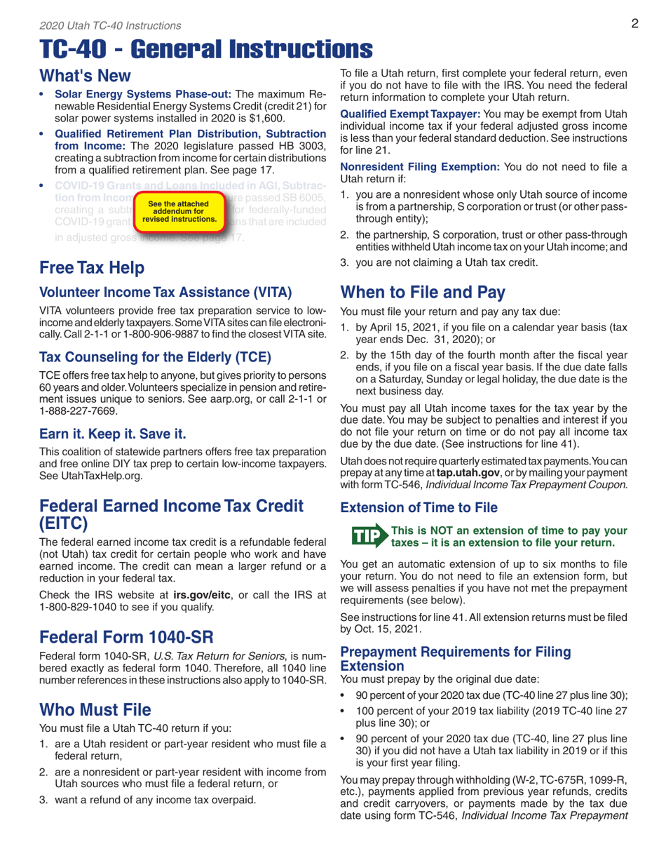 Instructions for Form TC-40 Utah Individual Income Tax Return - Utah, Page 4