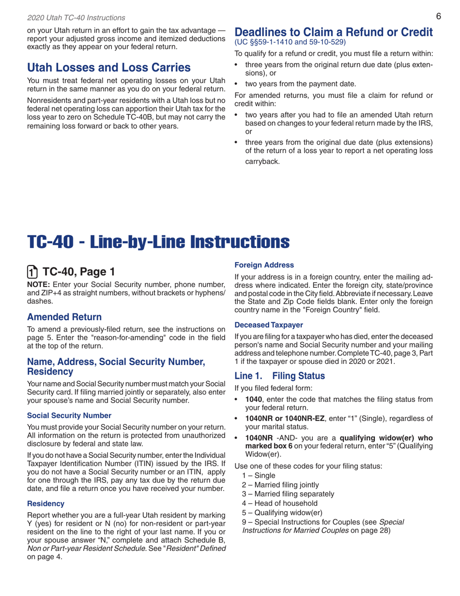 Instructions for Form TC-40 Utah Individual Income Tax Return - Utah, Page 8