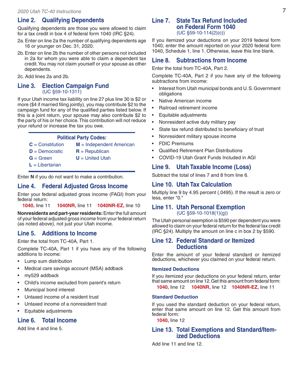 Instructions for Form TC-40 Utah Individual Income Tax Return - Utah, Page 9