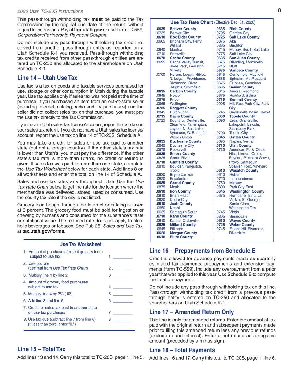 Instructions for Form TC-20S Utah S Corporation Return - Utah, Page 10