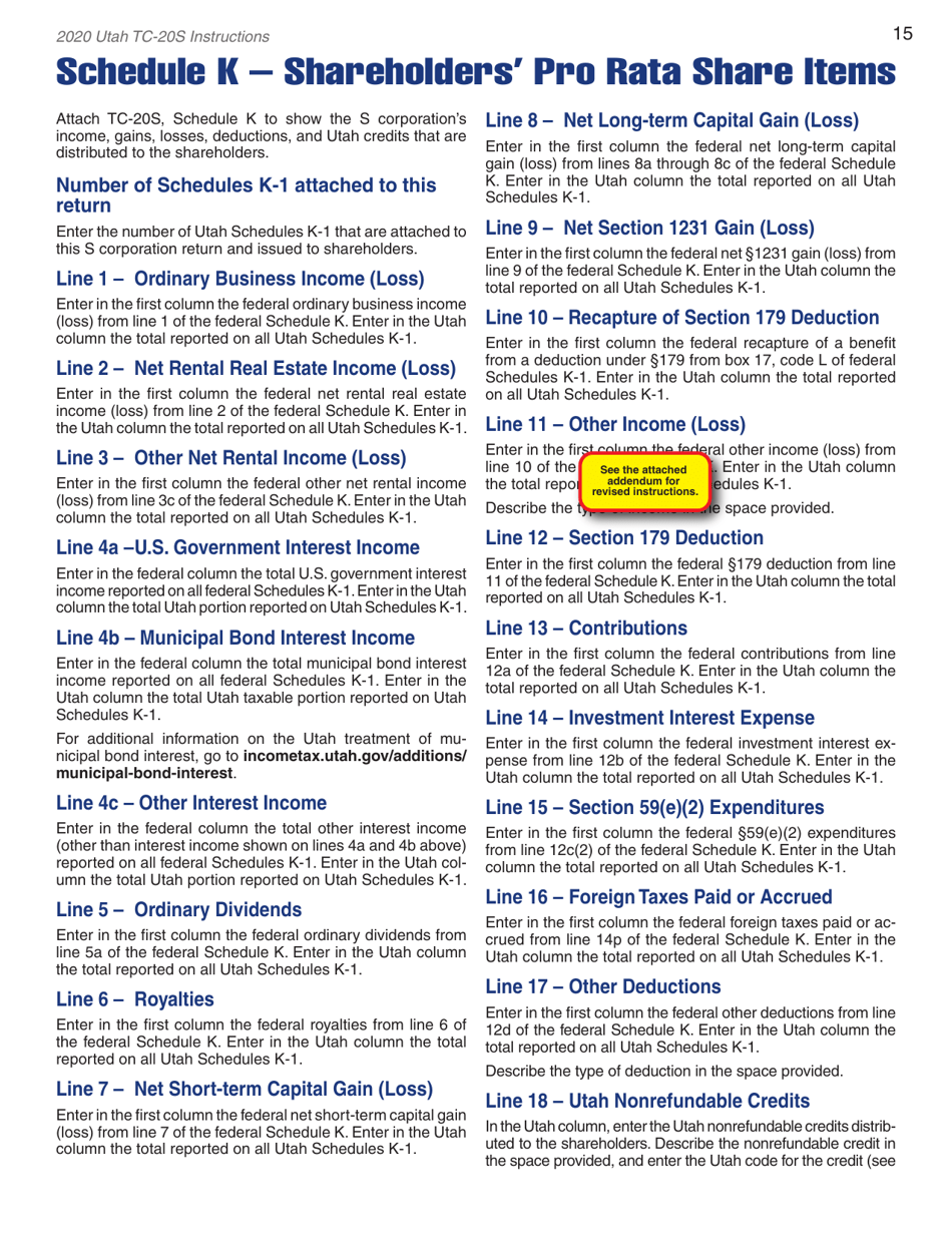Instructions for Form TC-20S Utah S Corporation Return - Utah, Page 17