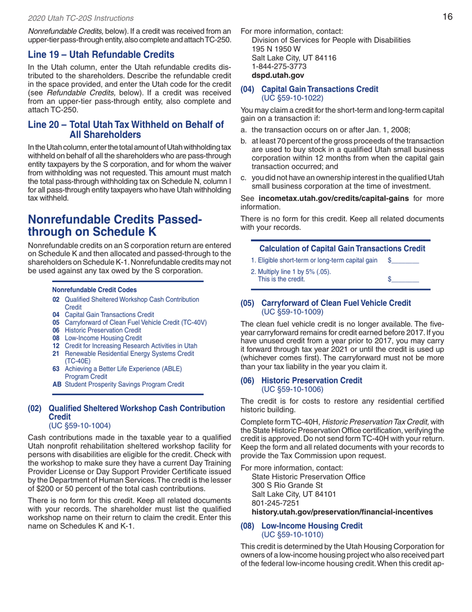 Instructions for Form TC-20S Utah S Corporation Return - Utah, Page 18