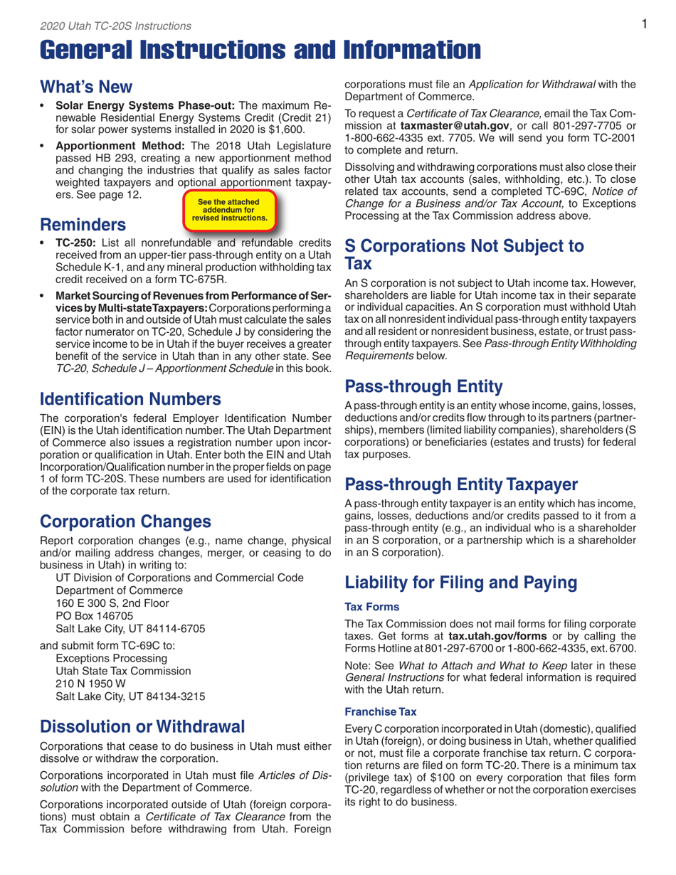 Instructions for Form TC-20S Utah S Corporation Return - Utah, Page 3