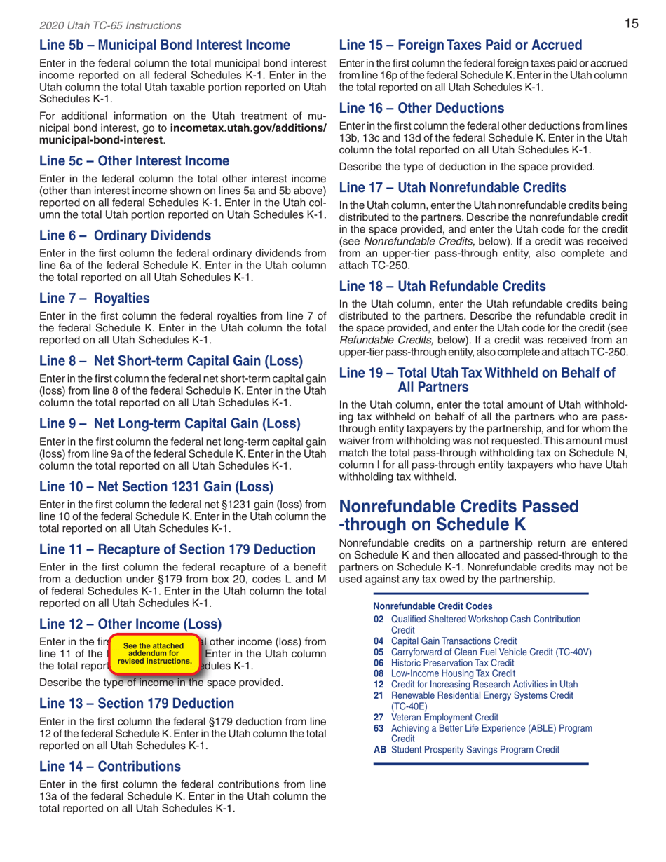 Instructions for Form TC-65 Utah Partnership / Limited Liability Partnership / Limited Liability Company Return - Utah, Page 17