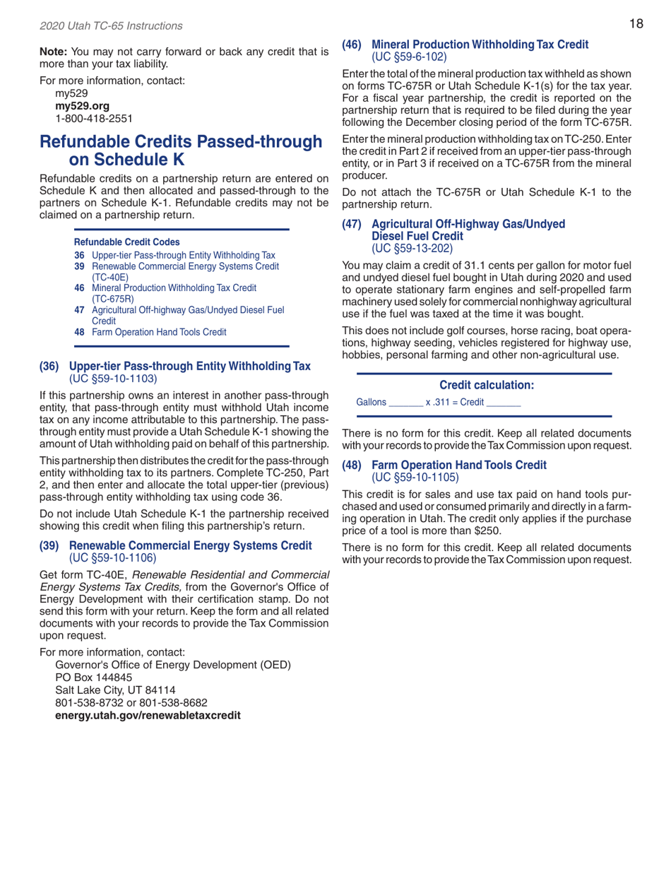 Instructions for Form TC-65 Utah Partnership / Limited Liability Partnership / Limited Liability Company Return - Utah, Page 20