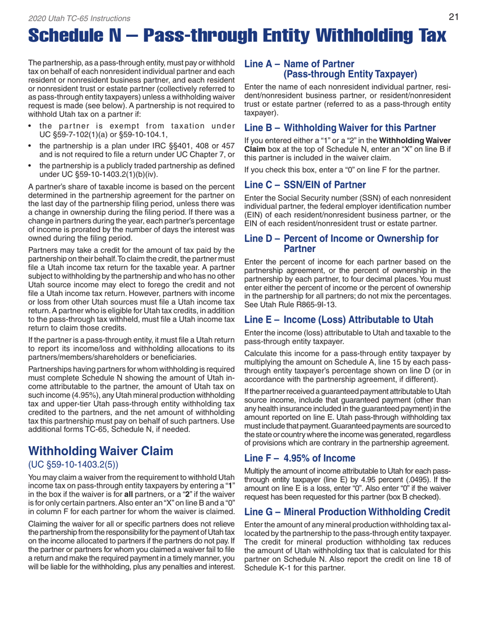 Instructions for Form TC-65 Utah Partnership / Limited Liability Partnership / Limited Liability Company Return - Utah, Page 23