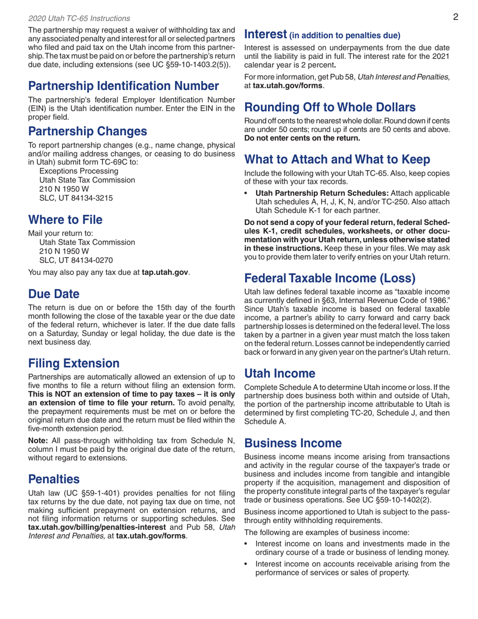 Instructions for Form TC-65 Utah Partnership / Limited Liability Partnership / Limited Liability Company Return - Utah, Page 4