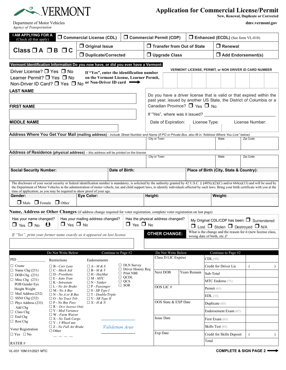 Form VL-031 Application for Commercial License / Permit - New, Renewal, Duplicate or Corrected - Vermont, Page 1
