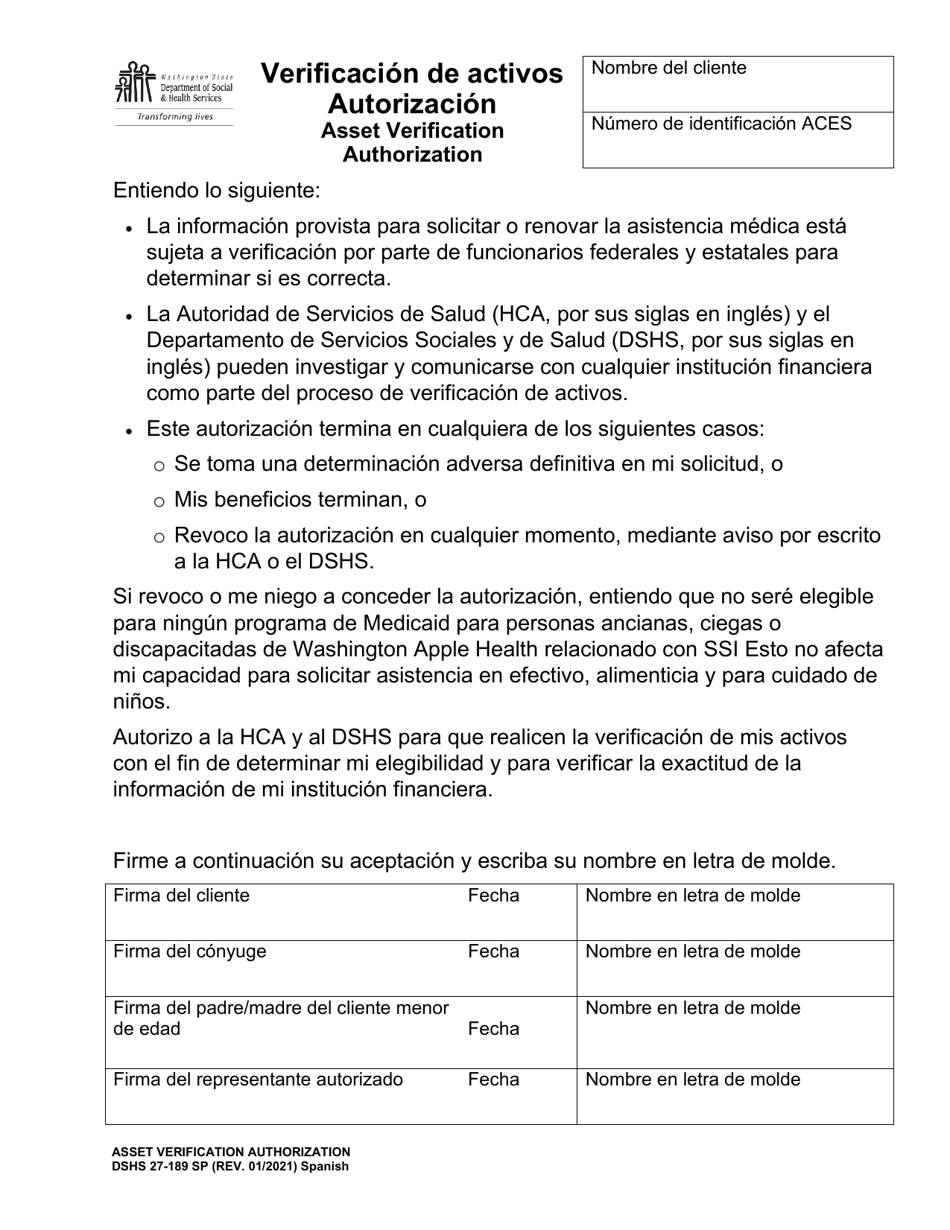 DSHS Formulario 27-189 Verificacion De Activos Autorizacion - Washington (Spanish), Page 1